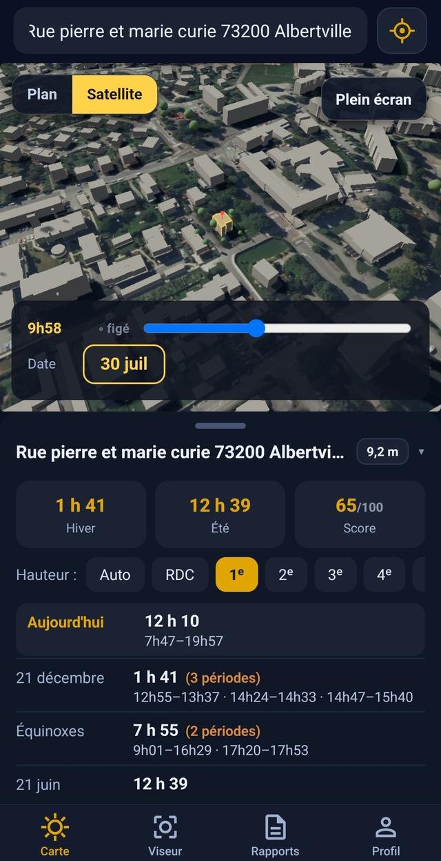 L’application ouverte sur une adresse : la carte du quartier en trois dimensions au-dessus, et le volet de résultats avec les heures de soleil d’hiver et d’été et le score annuel.