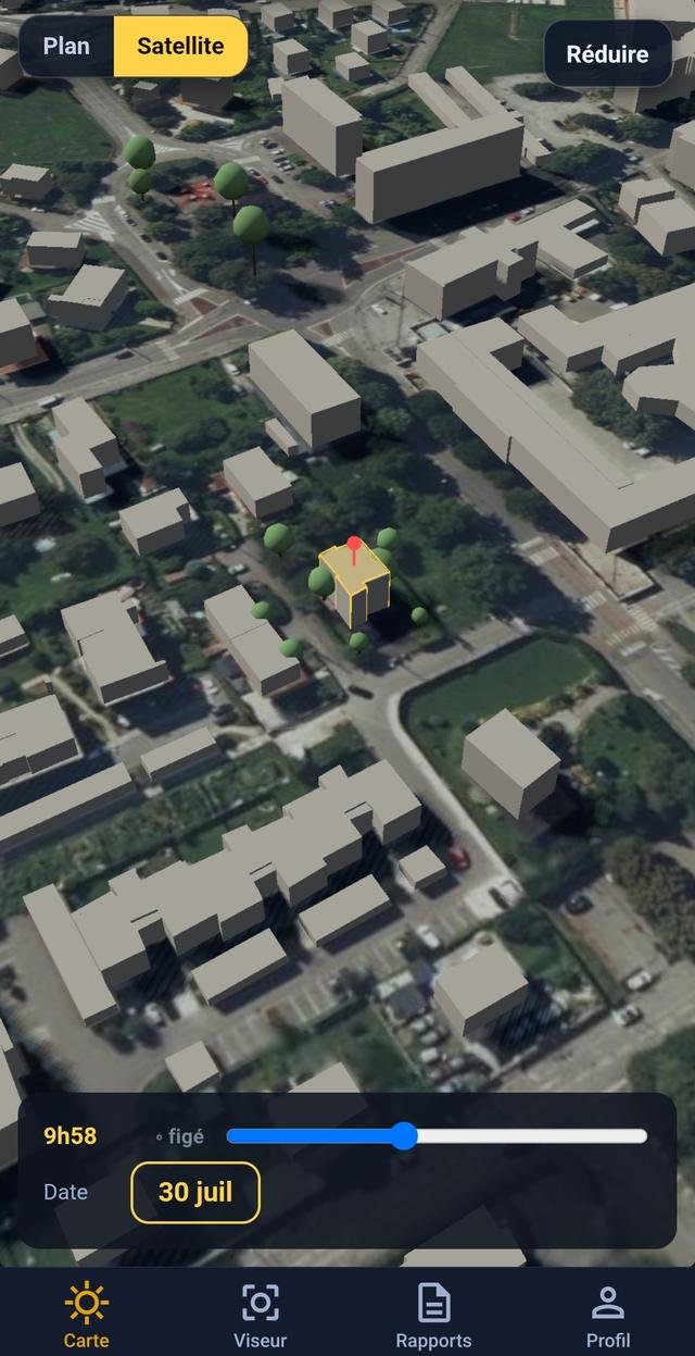 Écran de l’application : la même vue en trois dimensions, posée cette fois sur la photographie aérienne du quartier.